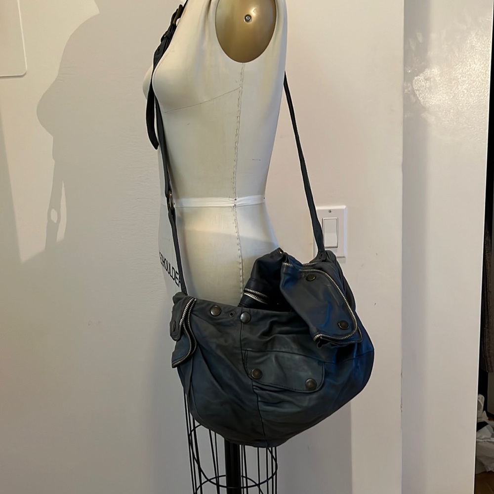 Dark teal blue biker style leather handbag-La Garconne, proenza, mm6, Margiela